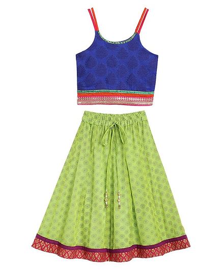 Twisha Sleeveless Motif Print Choli With Printed Ghagra - Blue Green