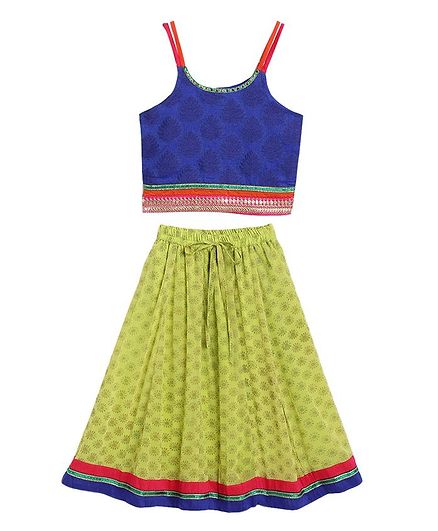 Twisha Sleeveless Motif Print Choli With Ghagra - Blue Green