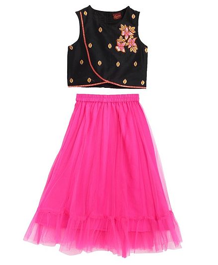 Twisha Sleeveless Floral Work Choli With Contrast Ghagra - Black Pink