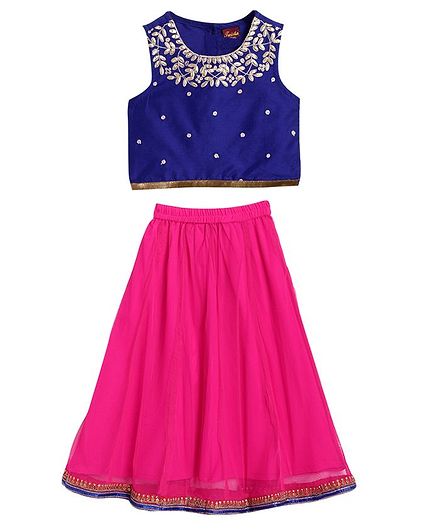 Twisha Sleeveless Floral Neckline Choli With Contrast Ghagra - Blue Pink