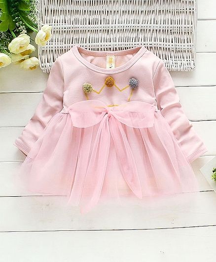 Kookie Kids Full Sleeves Winter Frock Crown Print - Light Pink