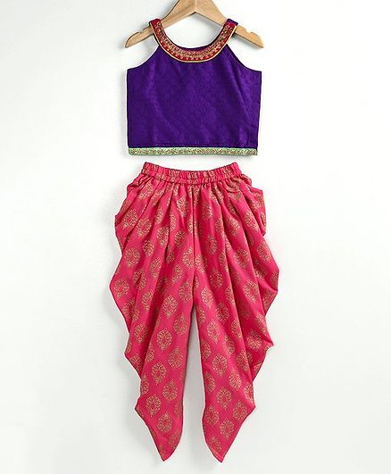 Twisha Sleeveless Jacquard Top With Gold Print Detailing Dhoti - Blue & Pink