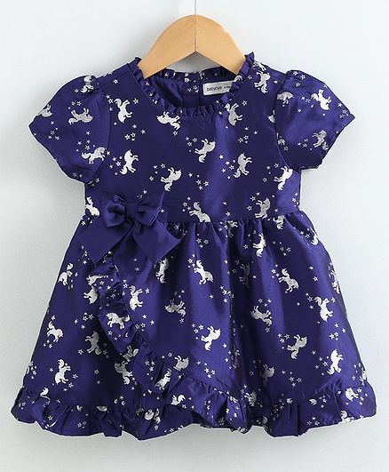 Babyoye Short Sleeves Poly Blend Frock with Bloomer Unicorn Print - Indigo