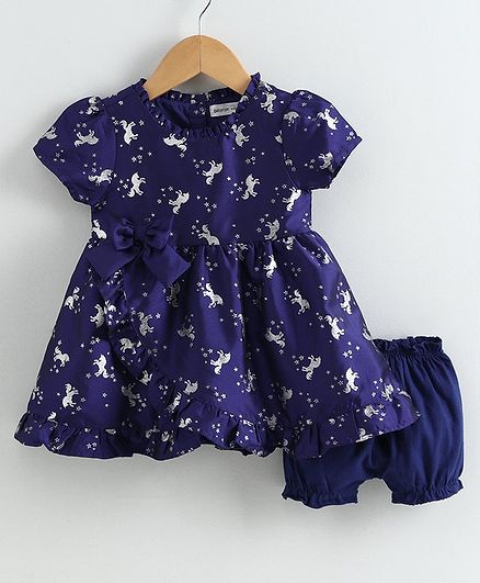 Babyoye Short Sleeves Poly Blend Frock with Bloomer Unicorn Print - Indigo