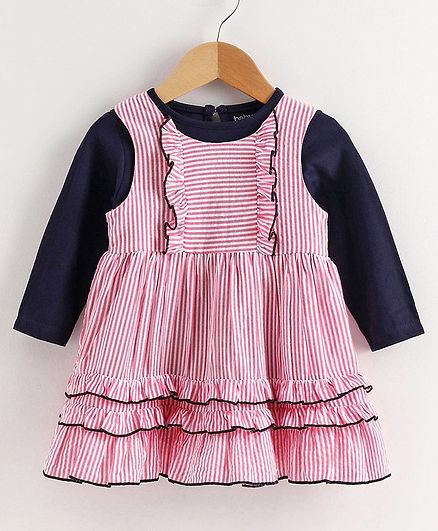 Babyoye Striped Frock with Full Sleeves Inner Tee - Red