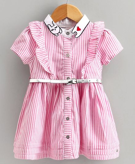 Babyoye Half Sleeves Striped Frock - Pink