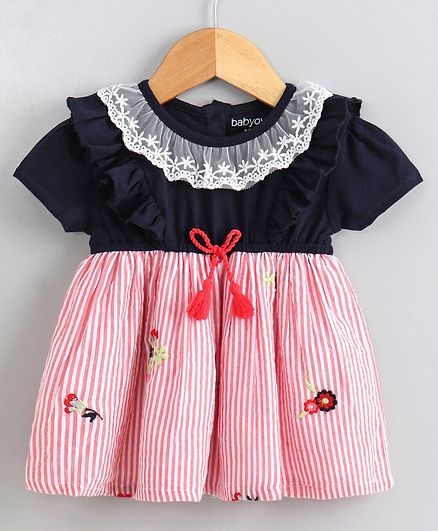 Babyoye Half Sleeves Striped Frock Floral Embroidery - Coral Pink