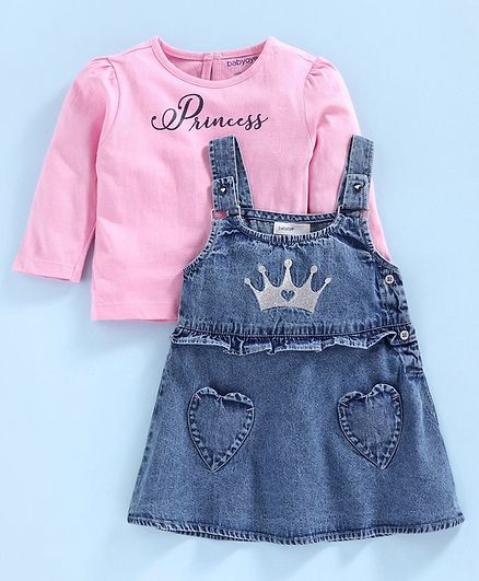 Babyoye Dungaree Style Frock with Full Sleeves Inner Tee Princess Tee - Pink Blue