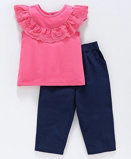 Babyoye Cotton Short Sleeves Top with Bottom - Pink Blue