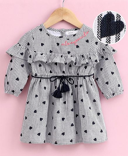 Babyoye Cotton Full Sleeves Frock Heart Print - White Grey