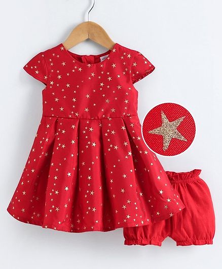 Babyoye Short Sleeves Cotton Poly Frock with Bloomer Star Print - Red