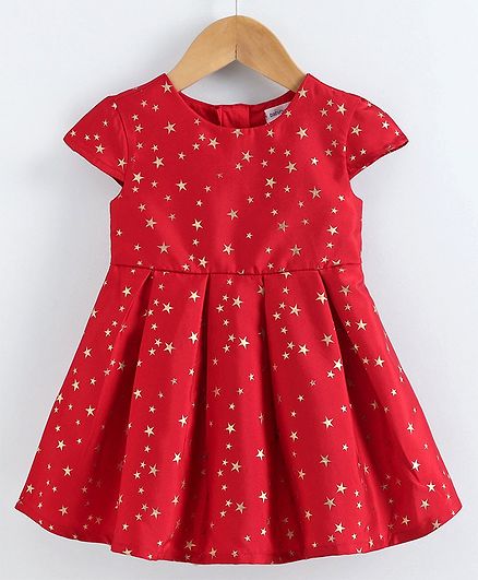 Babyoye Short Sleeves Cotton Poly Frock with Bloomer Star Print - Red