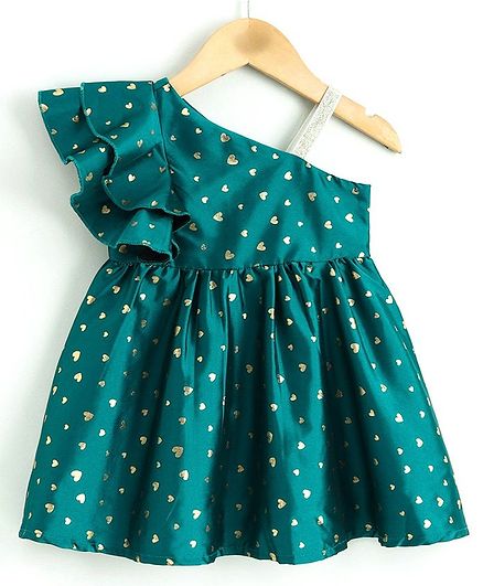 Babyoye Party Frock With Bloomer Heart Print - Green