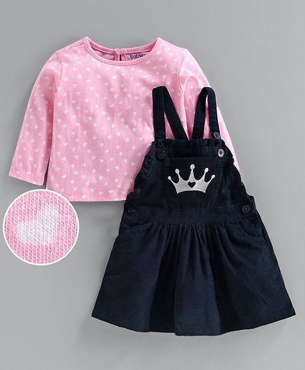 Babyoye Corduroy Dungaree Style Frock With Inner Cotton Tee Crown Print - Pink Navy Blue