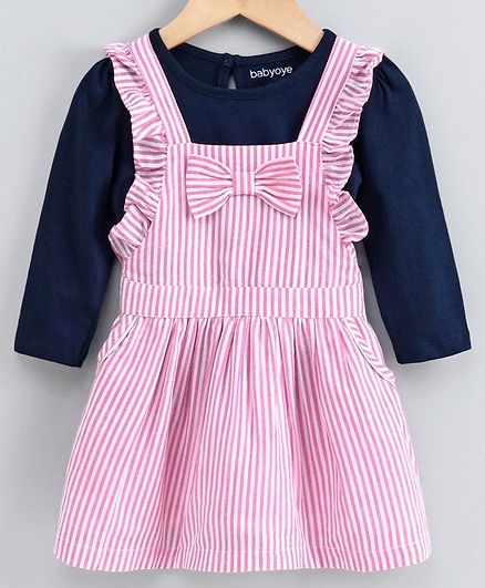 Babyoye Stripe Dungaree Style Frock With Full Sleeves Inner Tee - Pink