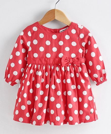 Babyoye Cotton Peasant Sleeves Polka Dot Frock Bow Applique - Red