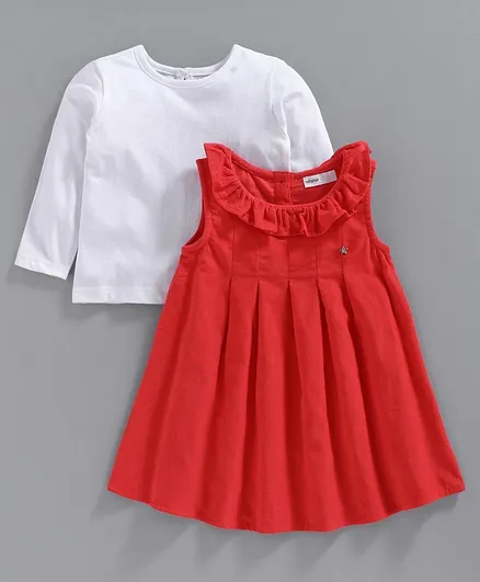 Babyoye Cotton Ruffled Frocks with Full Sleeves Inner Tee - Red White