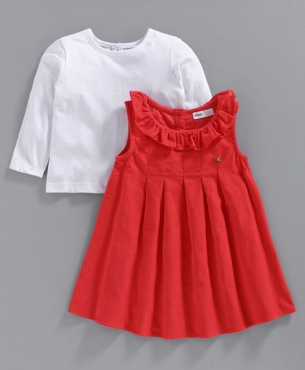Babyoye Cotton Ruffled Frocks with Full Sleeves Inner Tee - Red White