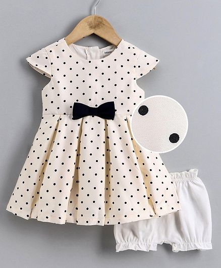 Babyoye Poly Blend Cap Sleeves Frock with Bloomers Polka Dot Print - Cream