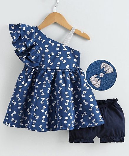 Babyoye Party Frock with Bloomer Allover Bow Print - Navy Blue
