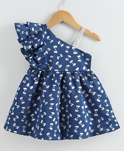 Babyoye Party Frock with Bloomer Allover Bow Print - Navy Blue