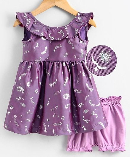 Babyoye Poly Blend Frock with Bloomer Star Print - Purple