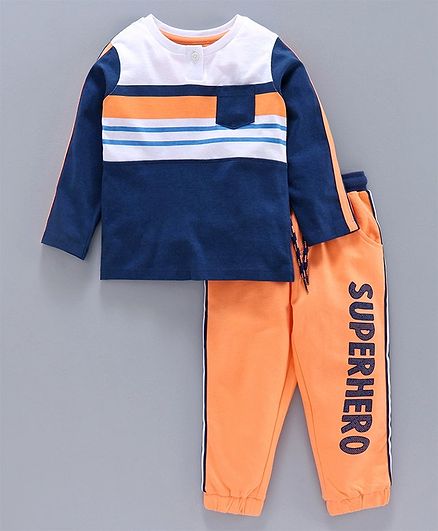 Babyoye Cotton Full Sleeves Tee with Lounge Pant - Navy Blue Orange
