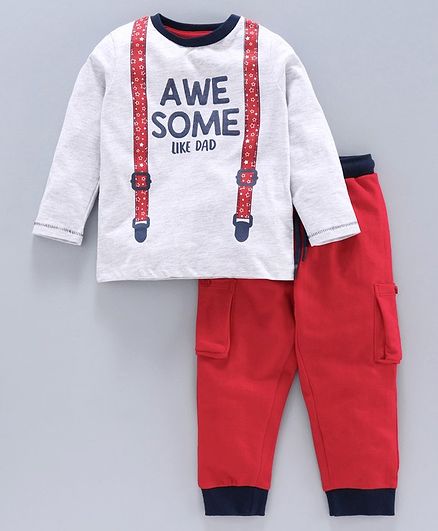 Babyoye Cotton Blend Full Sleeves Tee with Lounge Pant Awesome Print - Grey Red