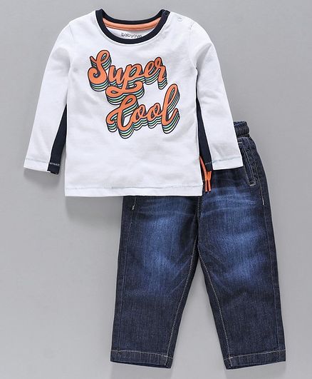 Babyoye Full Sleeves Tee And Drawstring Jeans Super Cool Print - White