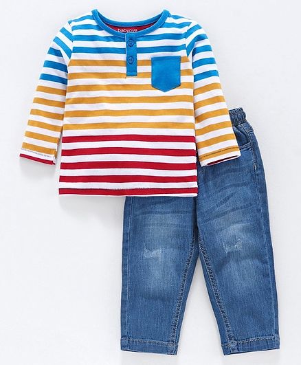 Babyoye Cotton Striped Tee with Jeans - Blue
