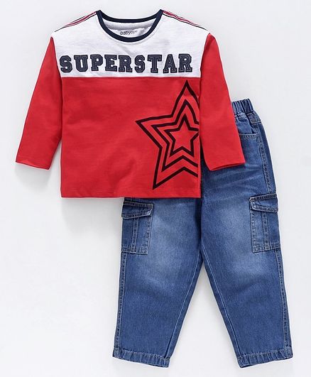 Babyoye Cotton Full Sleeves Tee with Leggings Superstar Print - Red Blue
