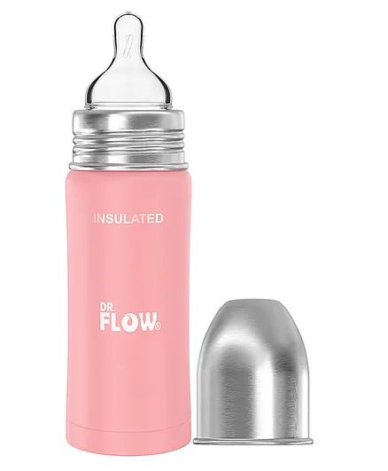 Dr.Flow Omega Insulated ThermoSteel Baby Feeding Bottle with Anti Colic Silicone Teat Pink- 270ml