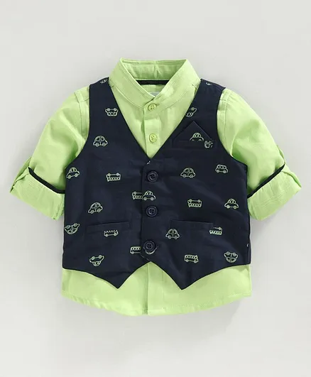 Babyoye Cotton Full Sleeves Solid Shirt With Waist Coat Vehicle Print - Green Navy Blue