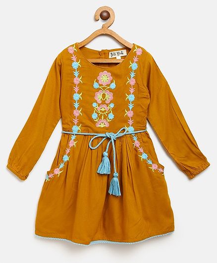 Bella Moda Full Sleeves Flower Embroidered Dress - Yellow