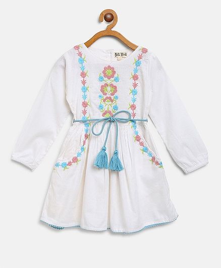 Bella Moda Full Sleeves Flower Embroidered Dress - White