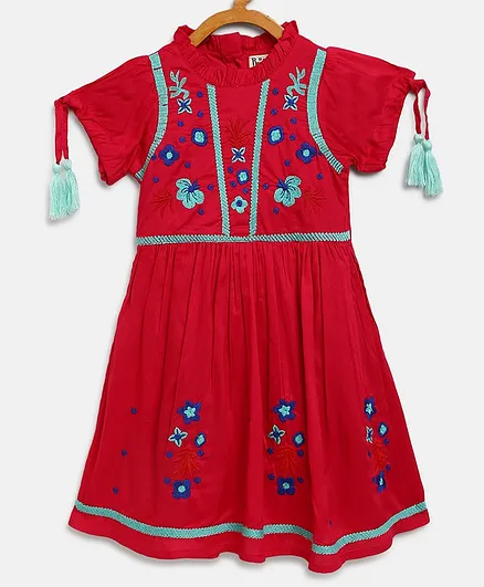 Bella Moda Short Sleeves Floral Embroidered Dress - Pink