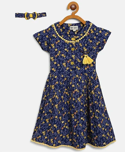 Bella Moda Short Sleeves Floral Print Dress With Headband - Blue