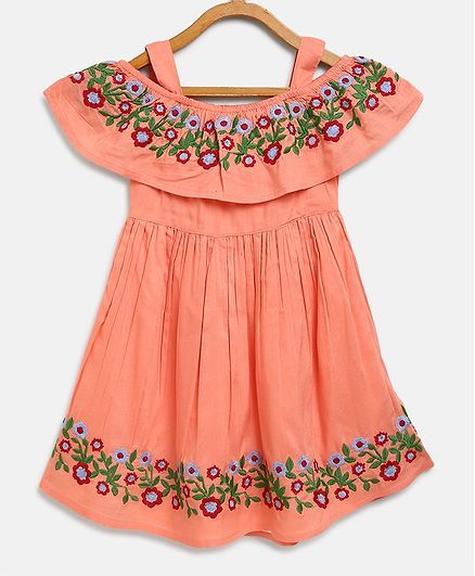 Bella Moda Flower Hand Embroidery Short Sleeves Off Shoulder Dress - Peach