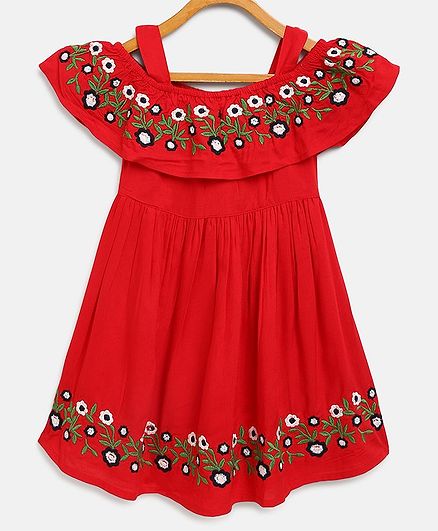 Bella Moda Flower Hand Embroidery Short Sleeves Off Shoulder Dress - Red