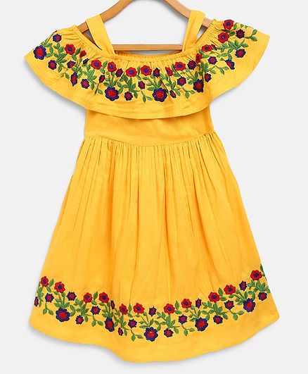 Bella Moda Flower Hand Embroidery Short Sleeves Off Shoulder Dress - Yellow