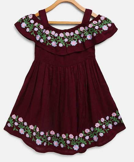 Bella Moda Flower Hand Embroidery Short Sleeves Off Shoulder Dress - Violet