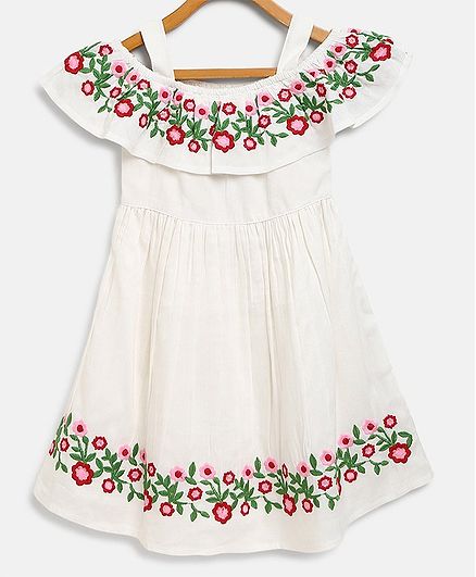 Bella Moda Flower Hand Embroidery Short Sleeves Off Shoulder Dress - White