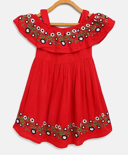 Bella Moda Flower Hand Embroidery Short Sleeves Off Shoulder Dress - Red