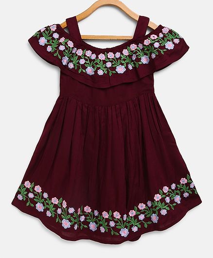 Bella Moda Flower Hand Embroidery Short Sleeves Off Shoulder Dress - Purple