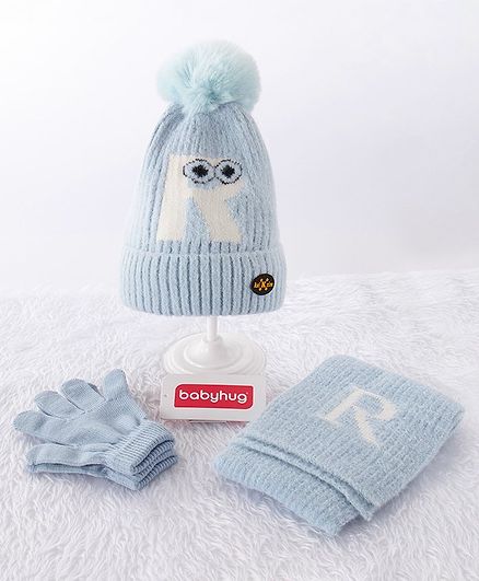 Babyhug Woollen Cap & Gloves With Muffler Alphabet R Design Blue - Diameter 12 cm