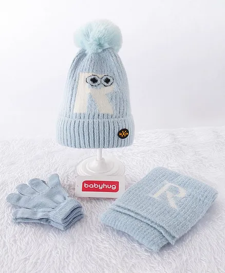 Babyhug Woollen Cap & Gloves With Muffler Alphabet R Design Blue - Diameter 12 cm