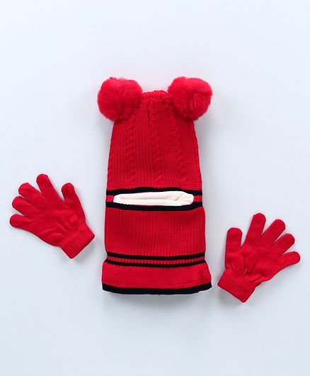 Babyhug Woolen Cap with Gloves Red - Diameter 16 cm
