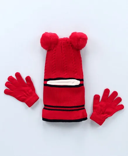 Babyhug Woolen Cap with Gloves Red - Diameter 16 cm