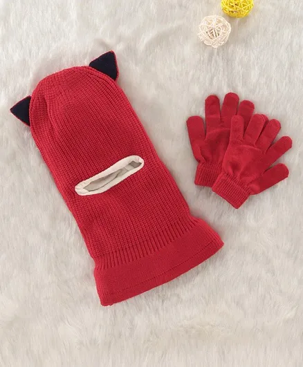 Babyhug Woollen Monkey Cap & Gloves Red - Diameter 15.5 cm