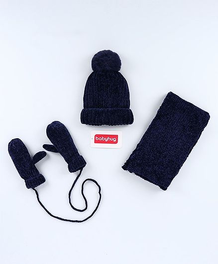 Babyhug Woolen Cap Muffler & Hand Gloves Navy Blue - Diameter 10 cm